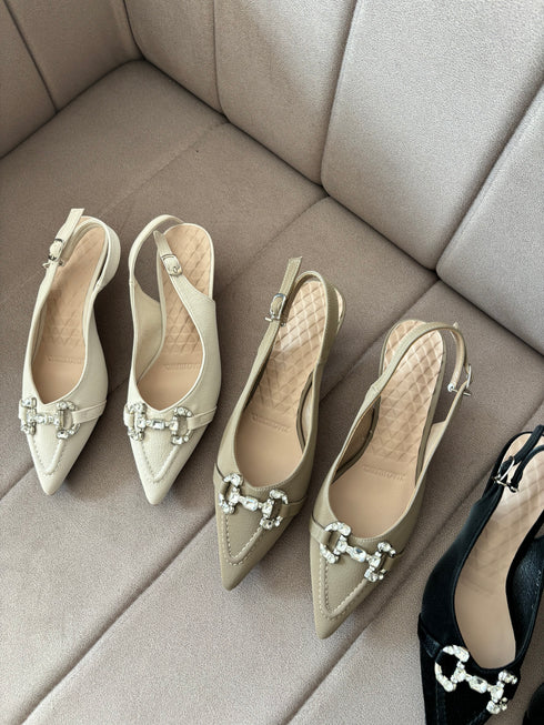 Crystal Decor Pointed Back Sling Kitten Heels